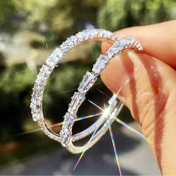 🔥925 Sterling Silver White Sapphire Hoop Earrings - Picture 8 of 15